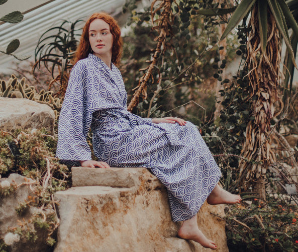 Women's Cotton Kimono Robe - Rainbow Blue ZigZag