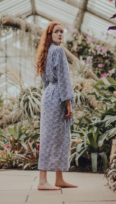 Women's Cotton Kimono Robe - Rainbow Blue ZigZag