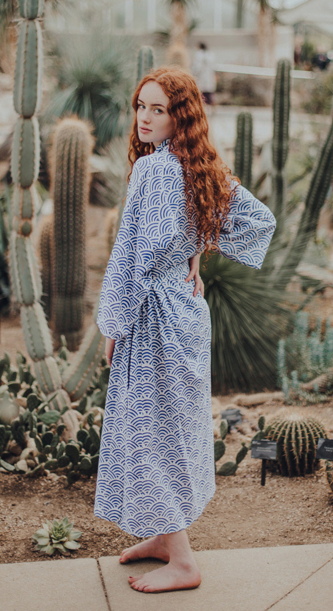 Women's Cotton Kimono Robe - Rainbow Blue ZigZag