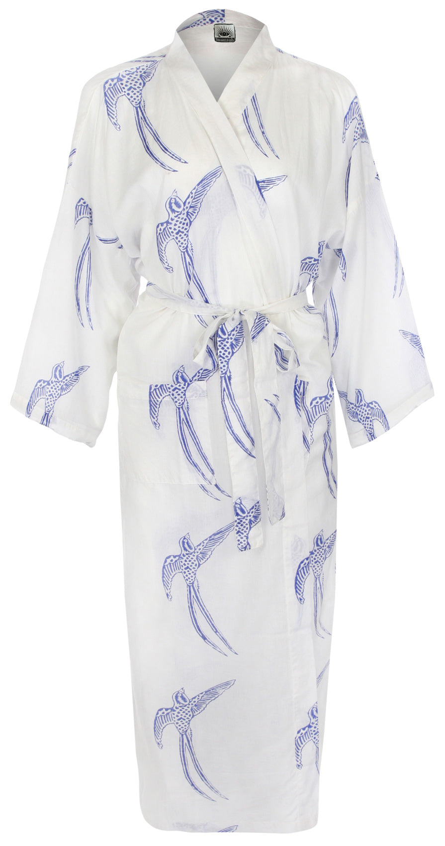 Women's Cotton Kimono Robe - Long Tailed Bird White on Black