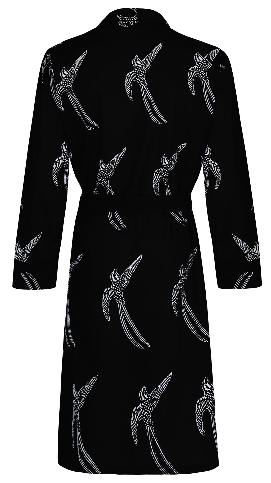 Men's Cotton Kimono Robe - Long Tailed Bird White on Black