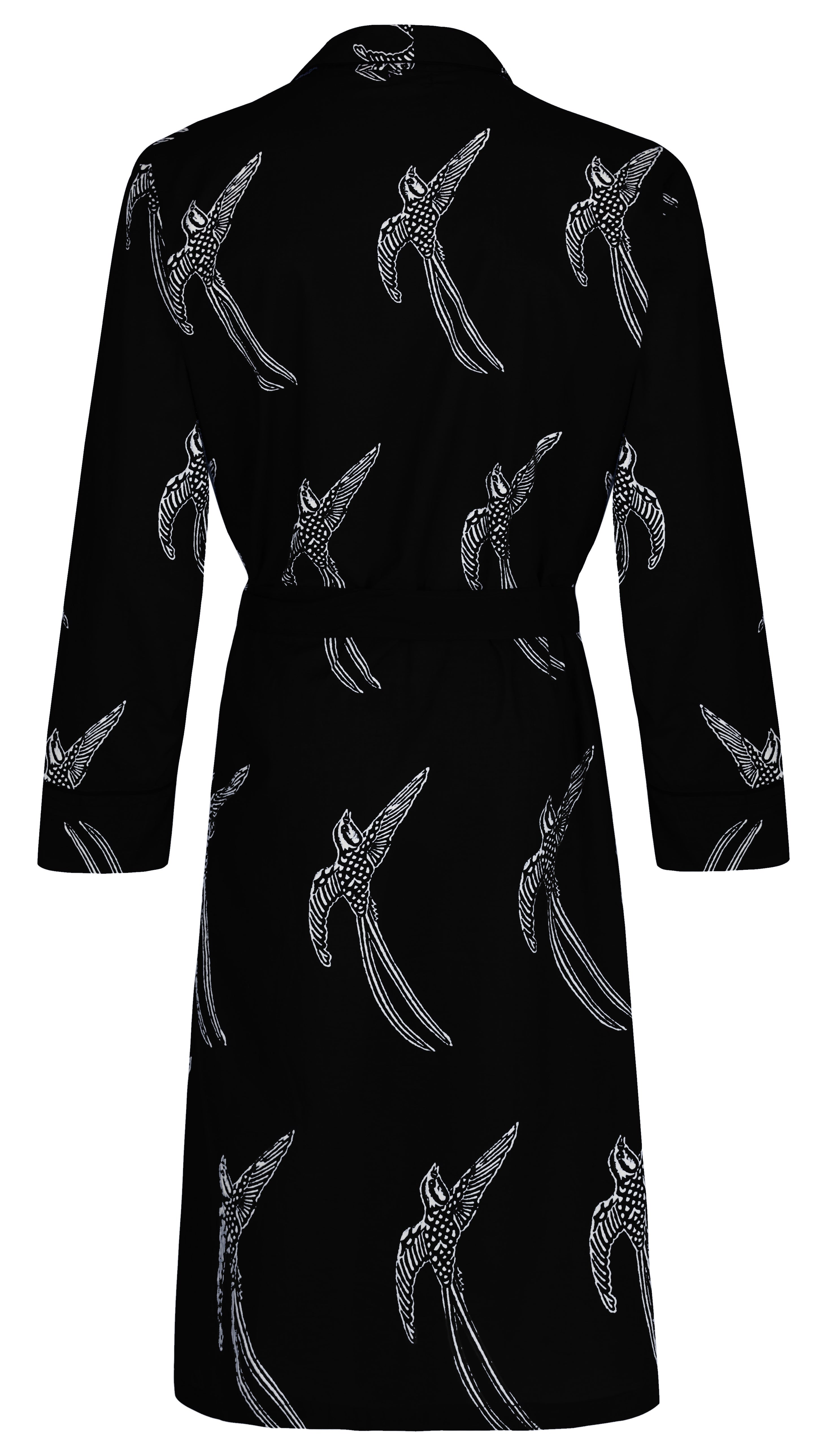 Men's Cotton Kimono Robe - Long Tailed Bird White on Black