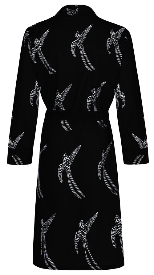 Men's Cotton Kimono Robe - Long Tailed Bird White on Black