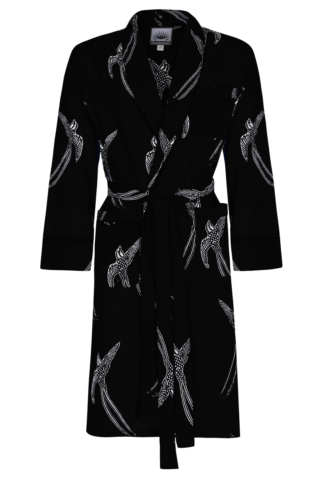 Men's Cotton Kimono Robe - Long Tailed Bird White on Black