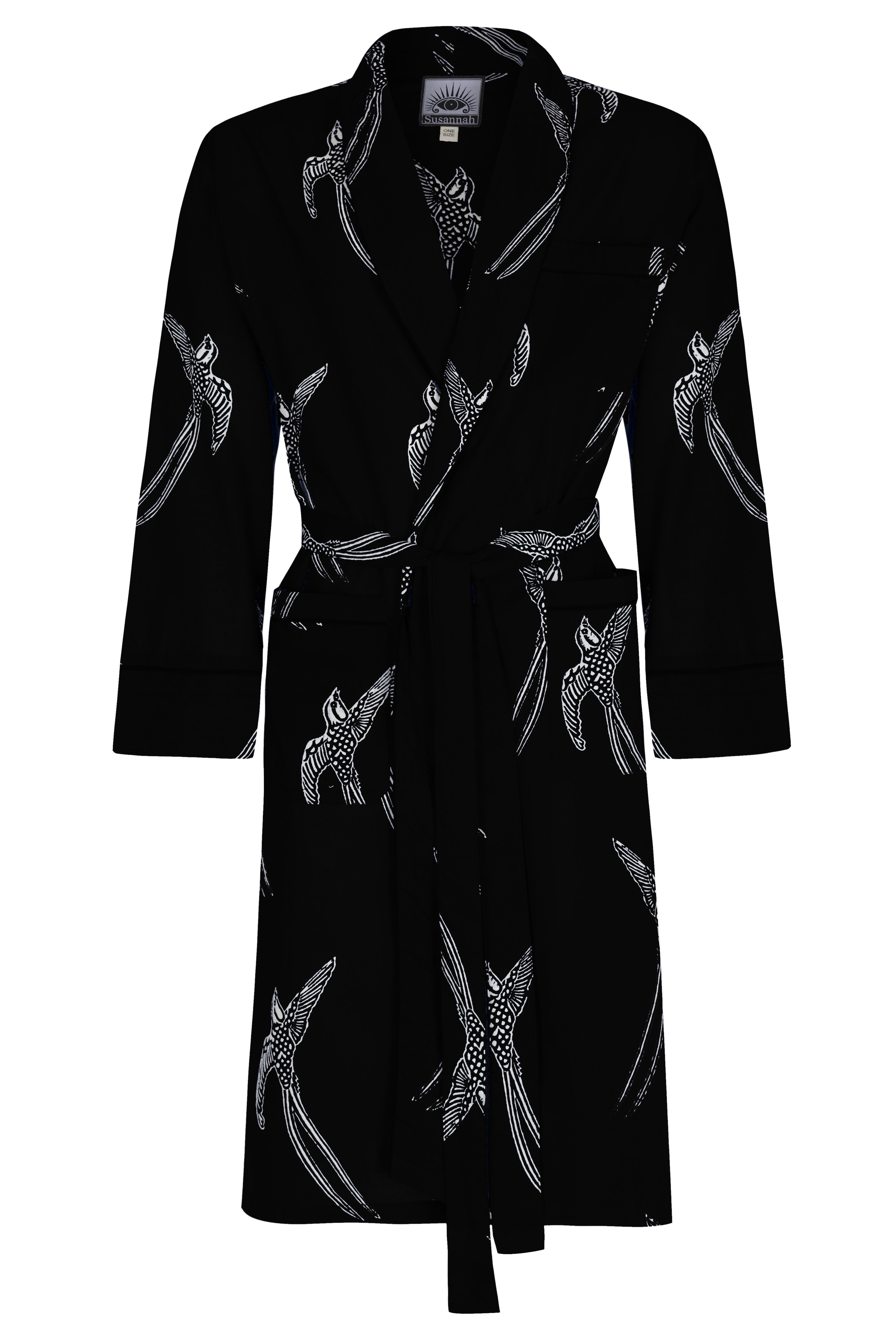 Men's Cotton Kimono Robe - Long Tailed Bird White on Black
