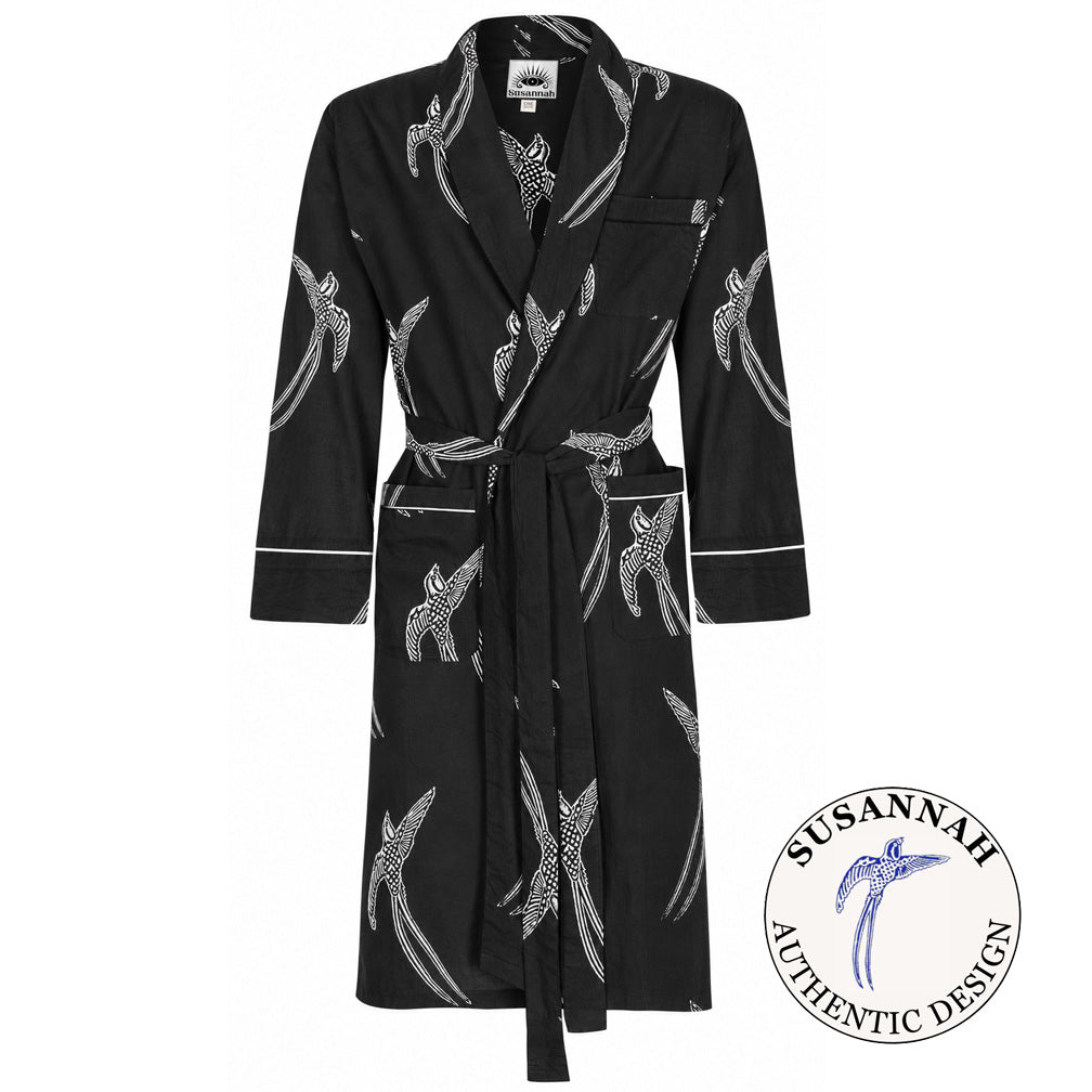 Men's Long Tailed Bird White on Black kimono robe