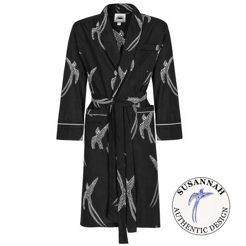 Men's Long Tailed Bird White on Black kimono robe