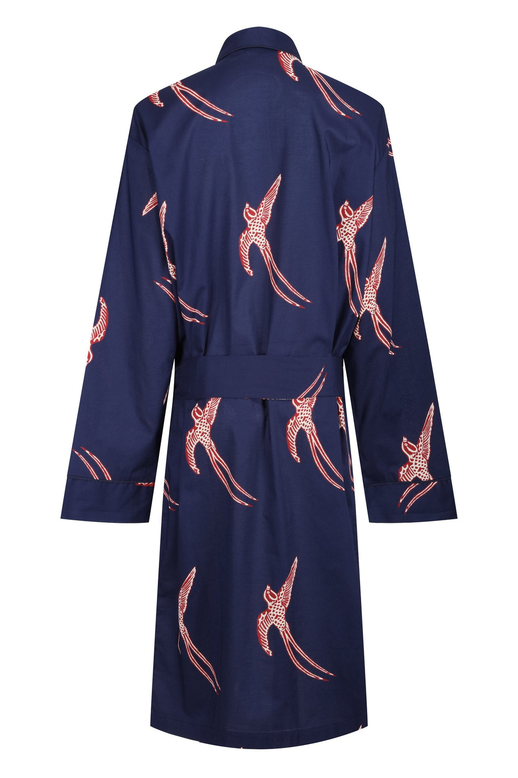 Outlet - Cotton Robe - Long Tailed Bird Red & Cream on Dark Blue