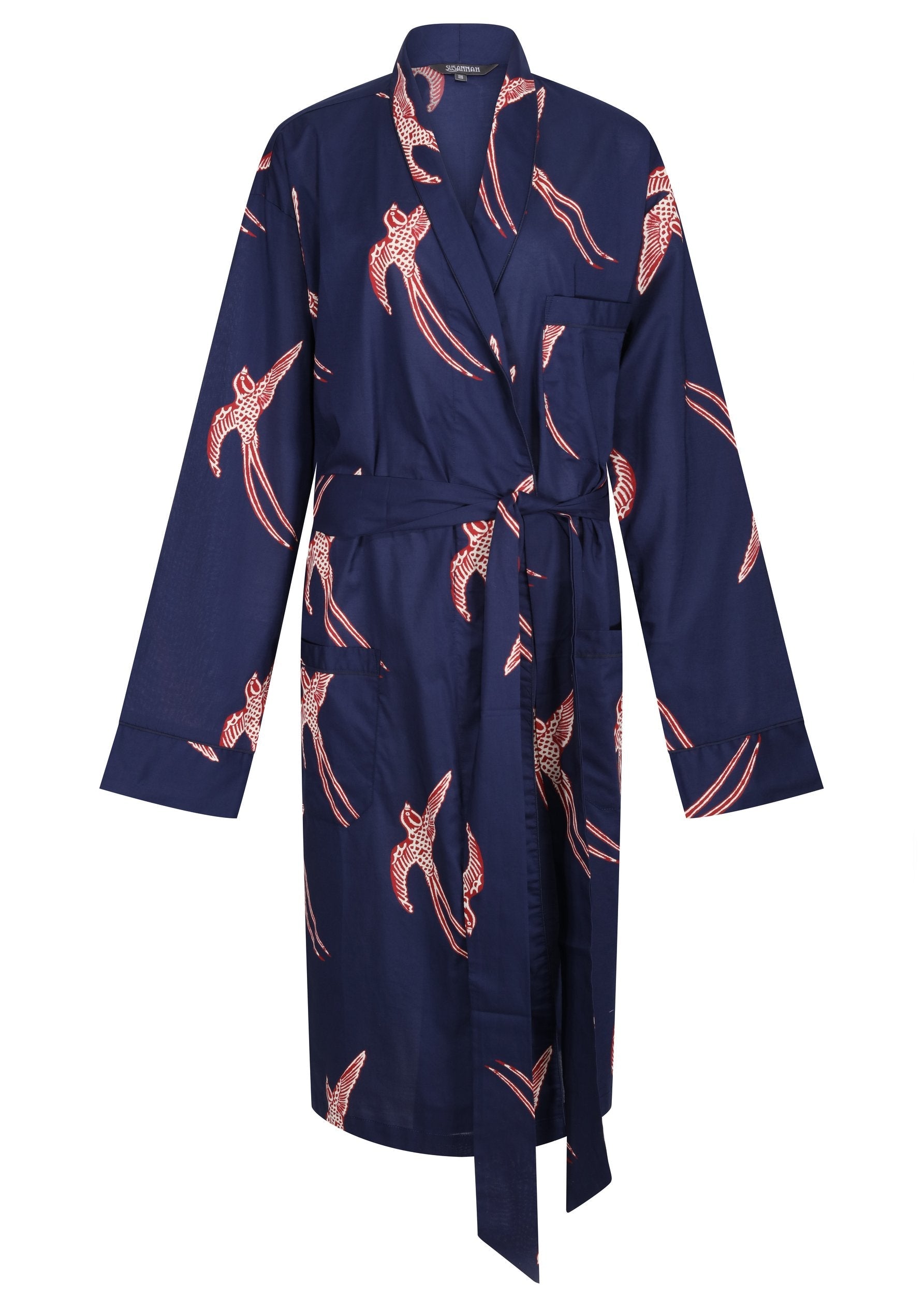 Outlet - Cotton Robe - Long Tailed Bird Red & Cream on Dark Blue