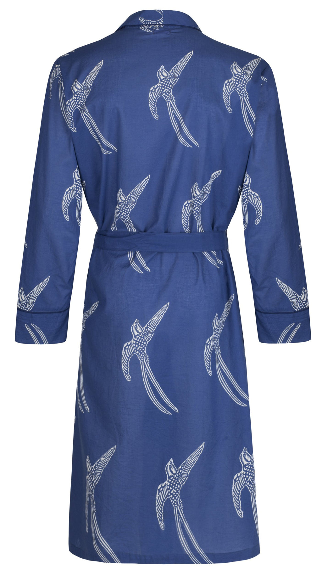 Men's Cotton Kimono Robe - Long Tailed Bird White on Dark Blue