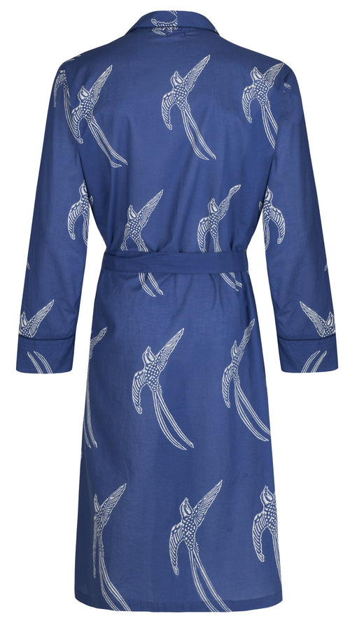 Men's Cotton Kimono Robe - Long Tailed Bird White on Dark Blue