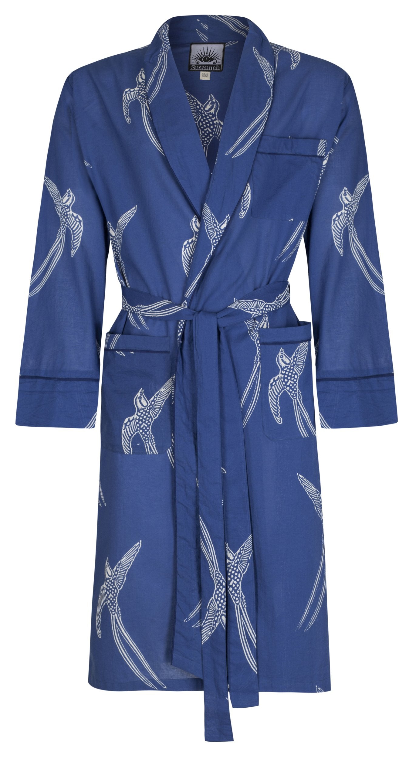 Men's Cotton Kimono Robe - Long Tailed Bird White on Dark Blue