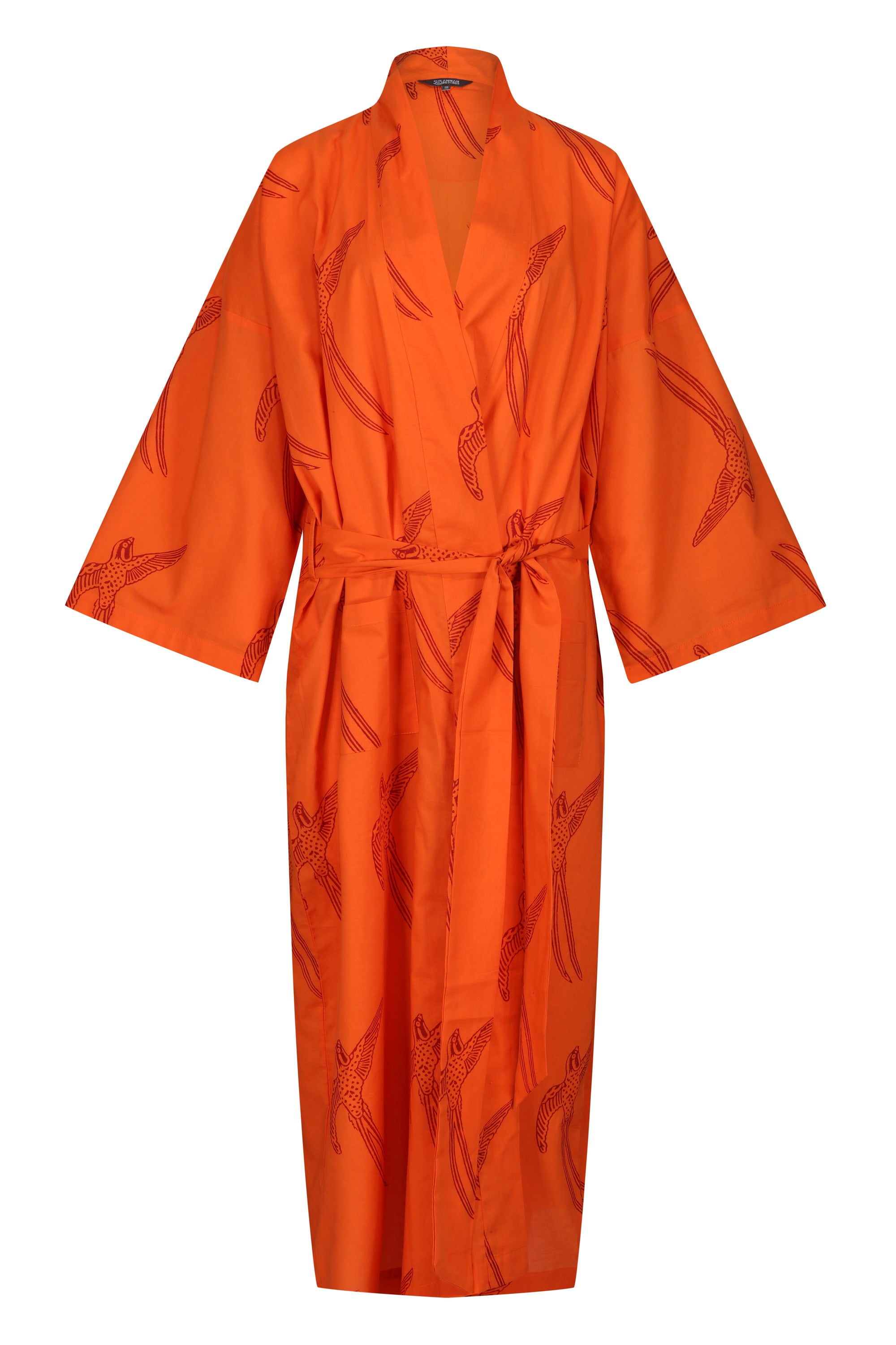 Women's Cotton Kimono Robe - Long Tailed Bird Red on Orange