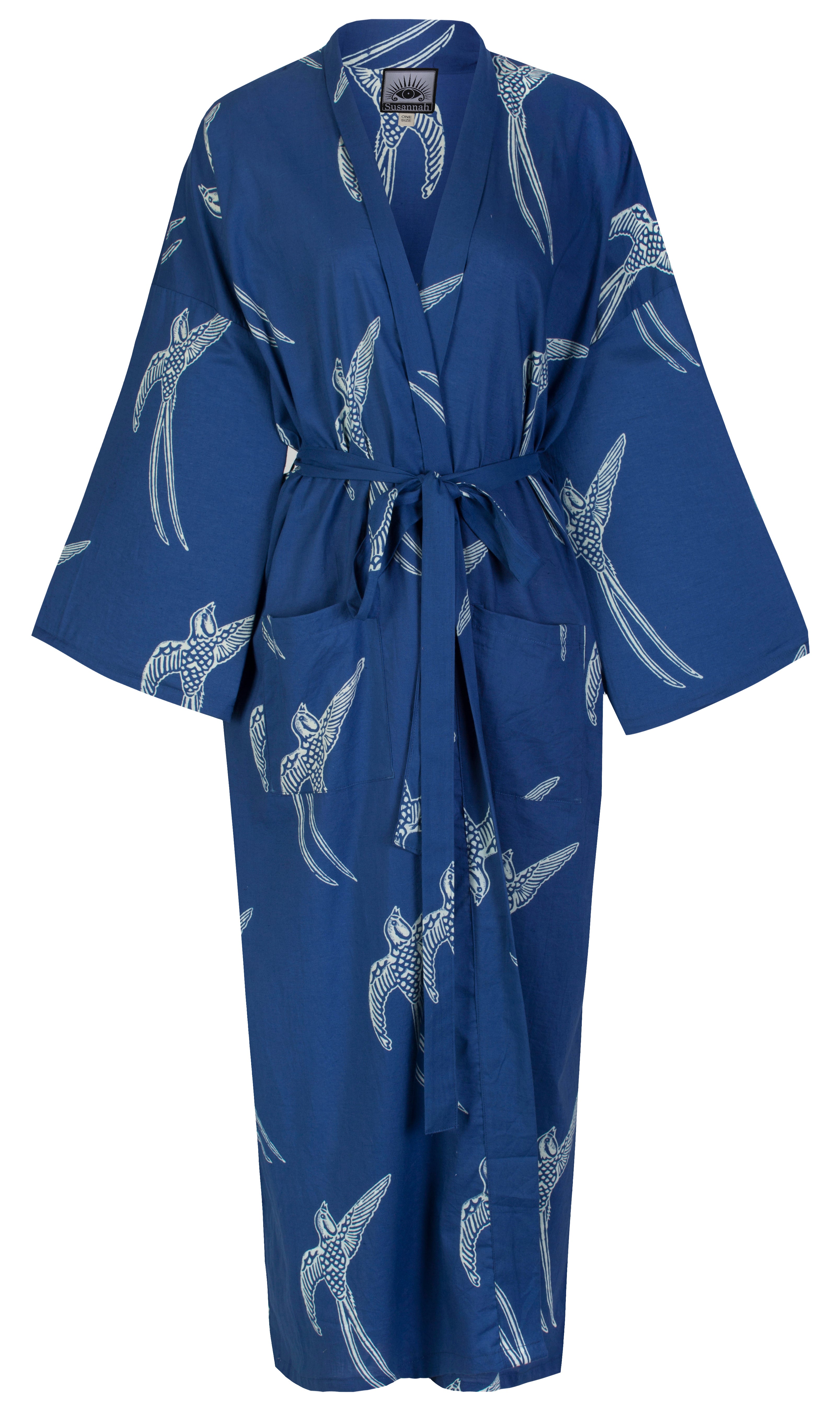 Outlet - Cotton Robe - Long Tailed Bird White on Dark Blue
