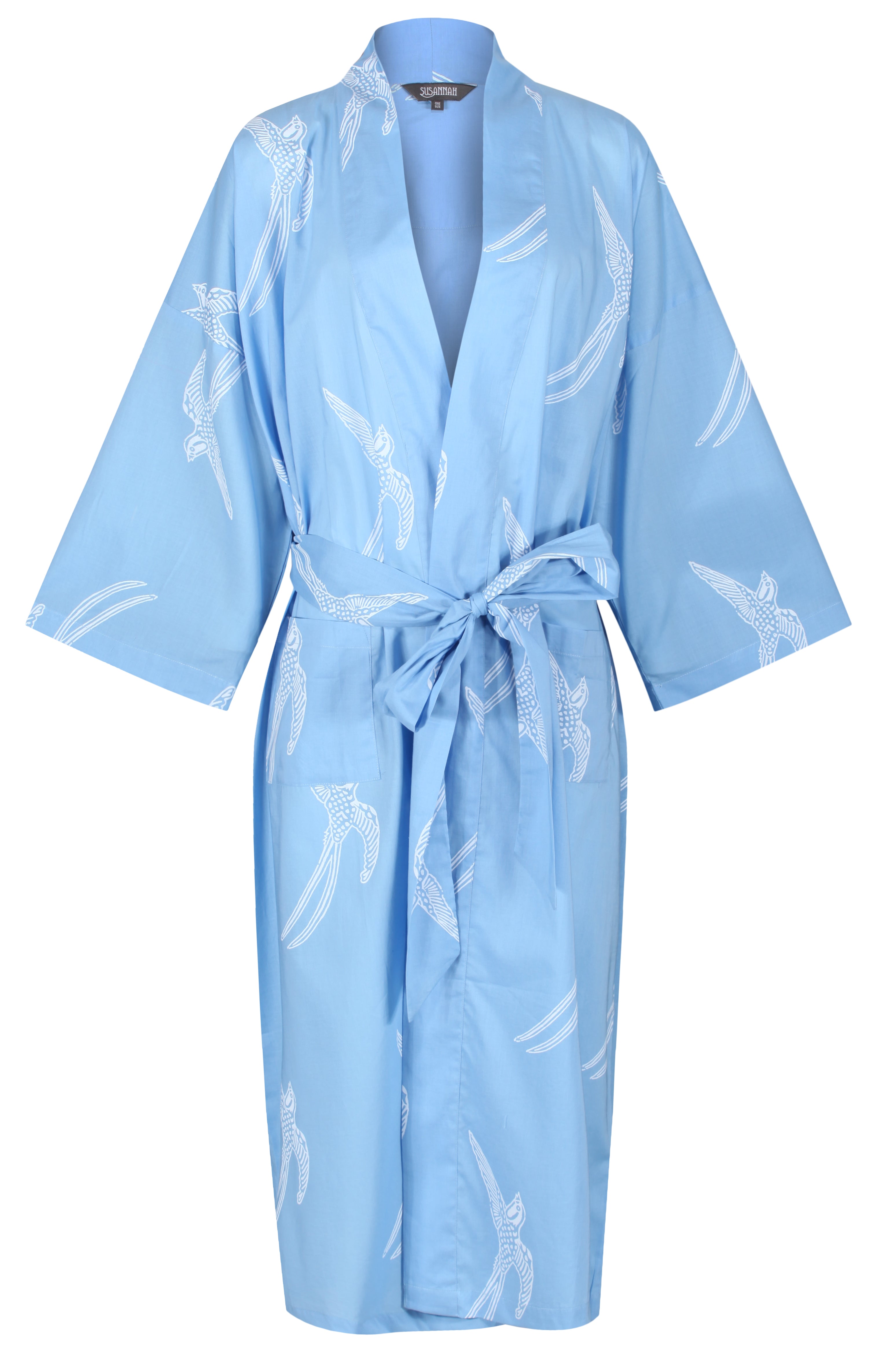 Outlet - Cotton Robe - Long Tailed Bird White on Powder Blue