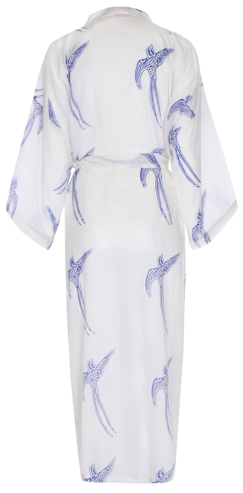 Women's Cotton Kimono Robe - Long Tailed Bird Blue on White