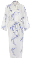 Women's Cotton Kimono Robe - Long Tailed Bird Blue on White
