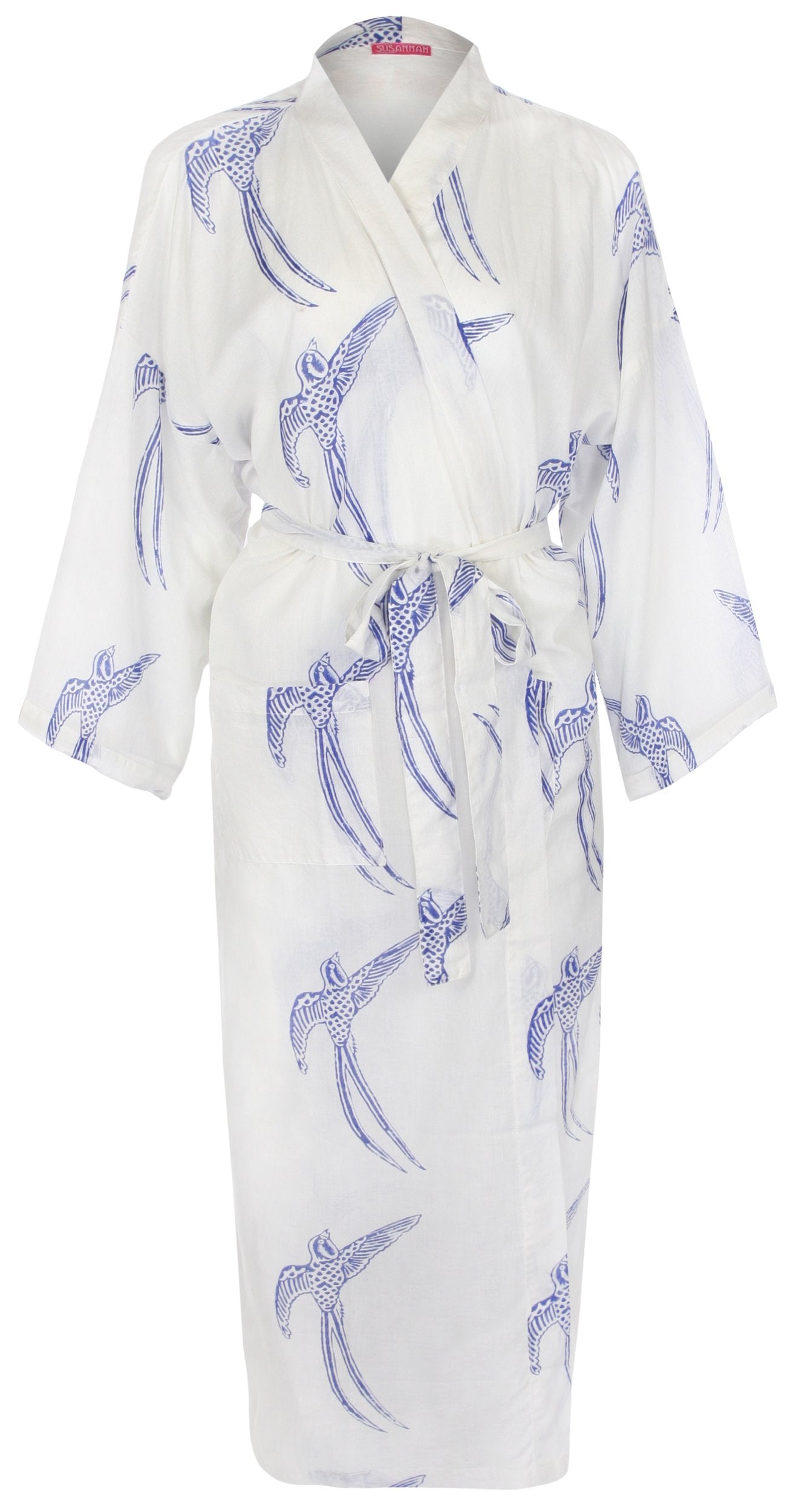 Women's Cotton Kimono Robe - Long Tailed Bird Blue on White