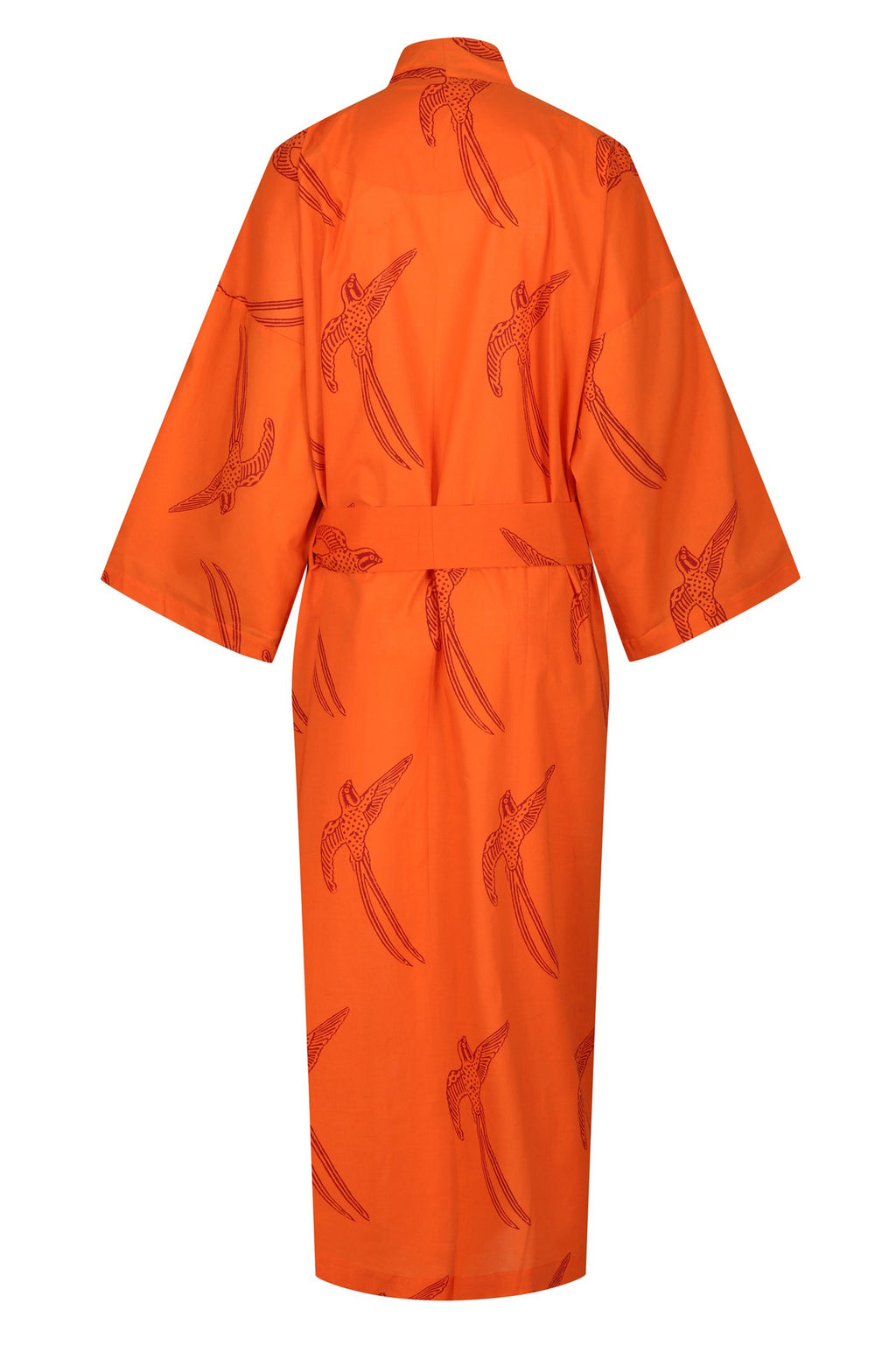 Women's Cotton Kimono Robe - Long Tailed Bird Red on Orange