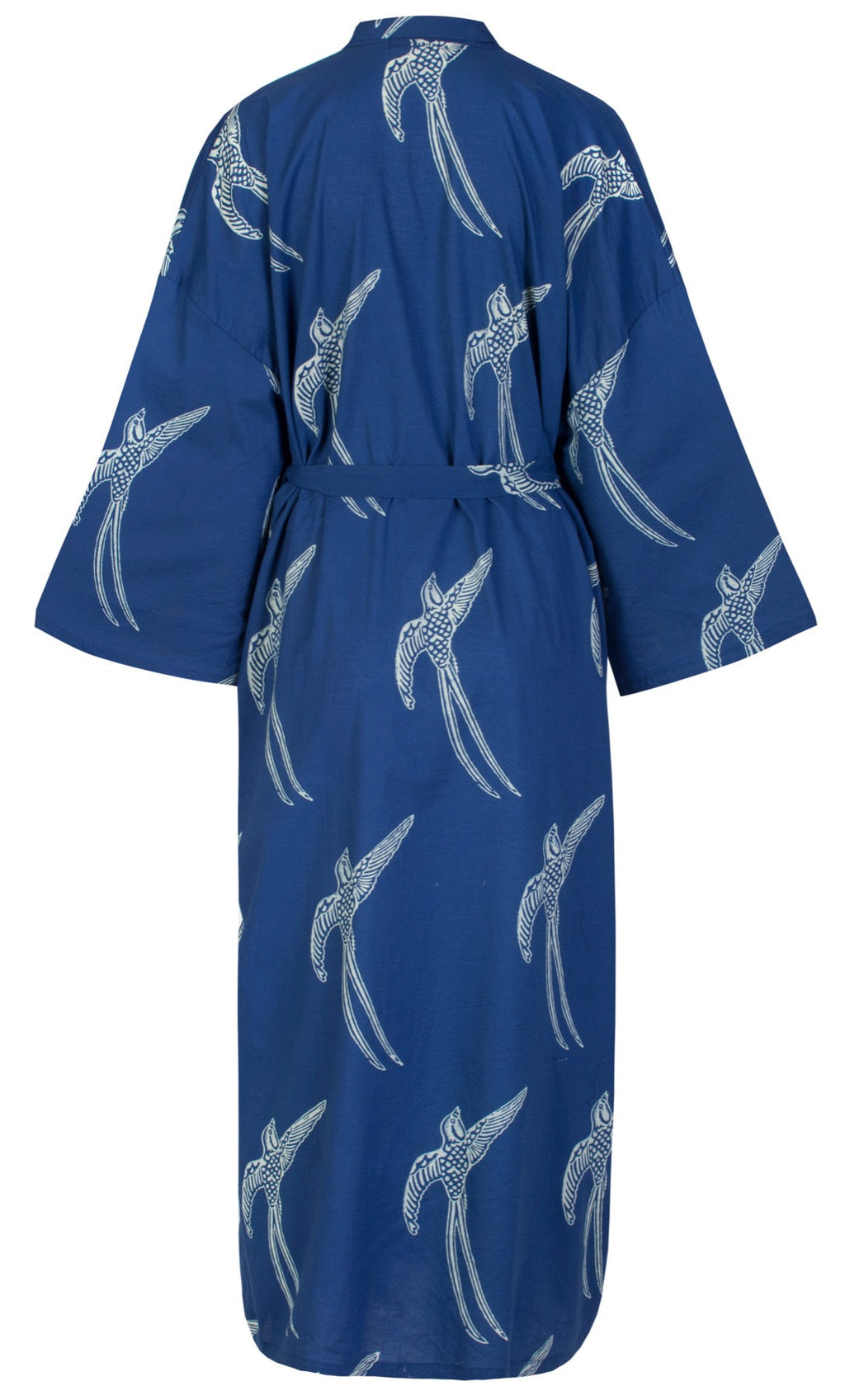 Women's Cotton Kimono Robe - Long Tailed Bird White on Dark Blue