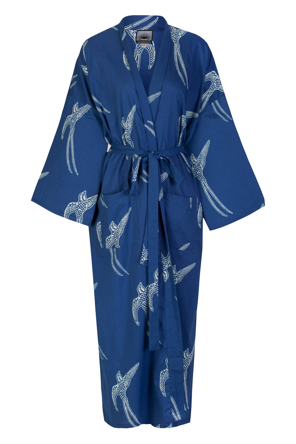Women's Cotton Kimono Robe - Long Tailed Bird White on Dark Blue