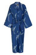 Women's Cotton Kimono Robe - Long Tailed Bird White on Dark Blue