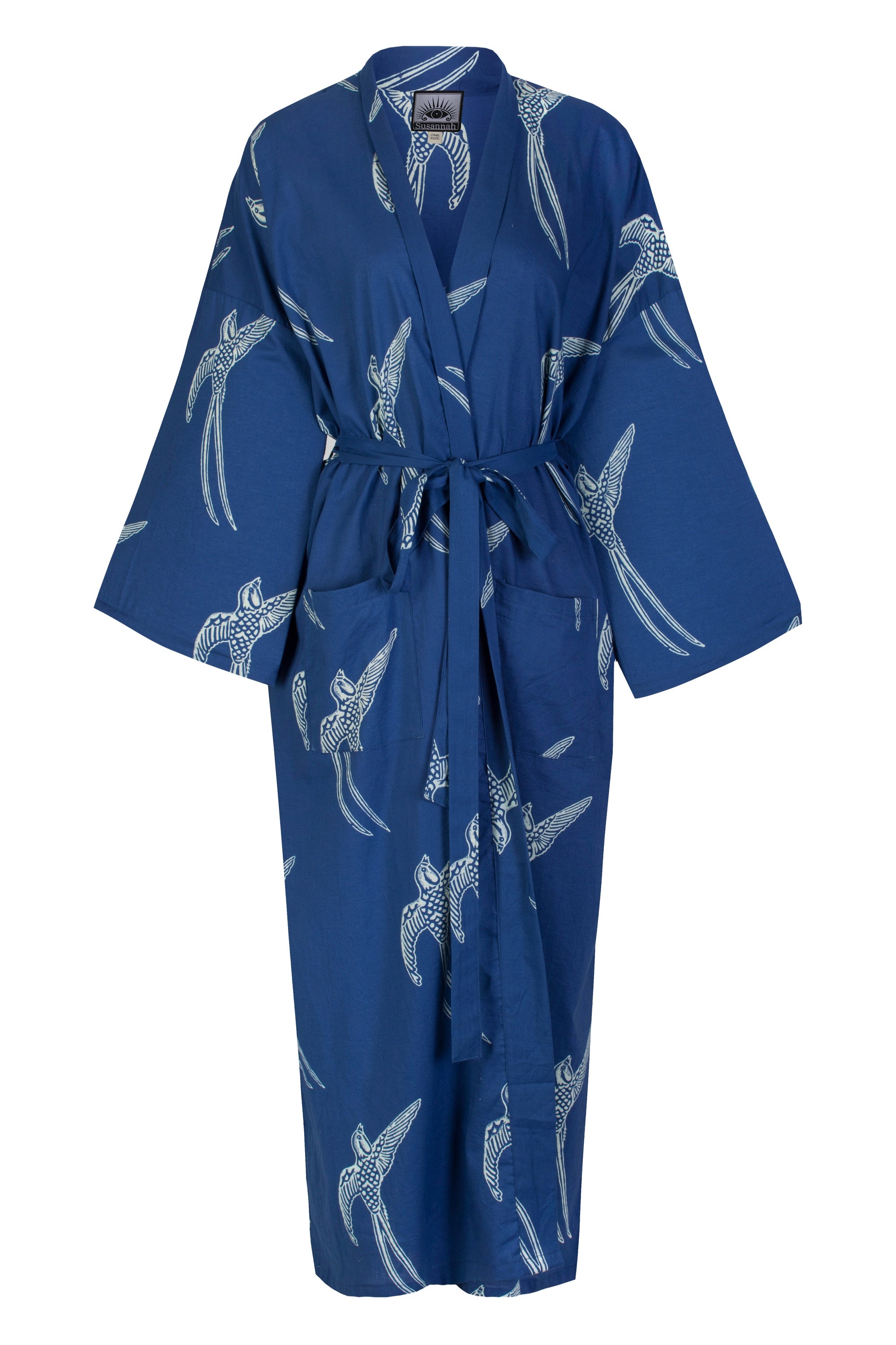Women's Cotton Kimono Robe - Long Tailed Bird White on Dark Blue