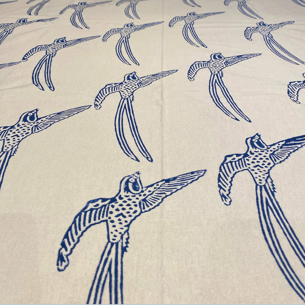 Cotton Throw - Long Tailed Bird Blue on White