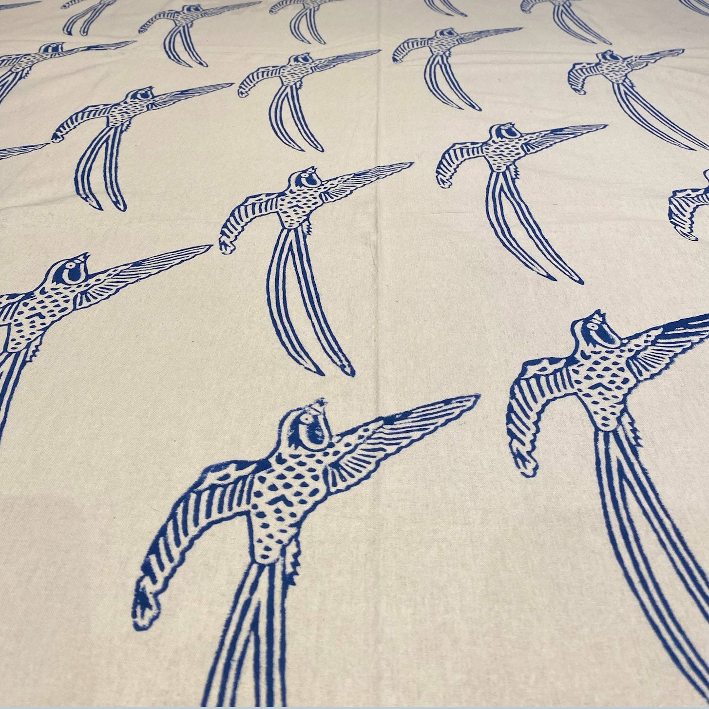 Cotton Throw - Long Tailed Bird Blue on White