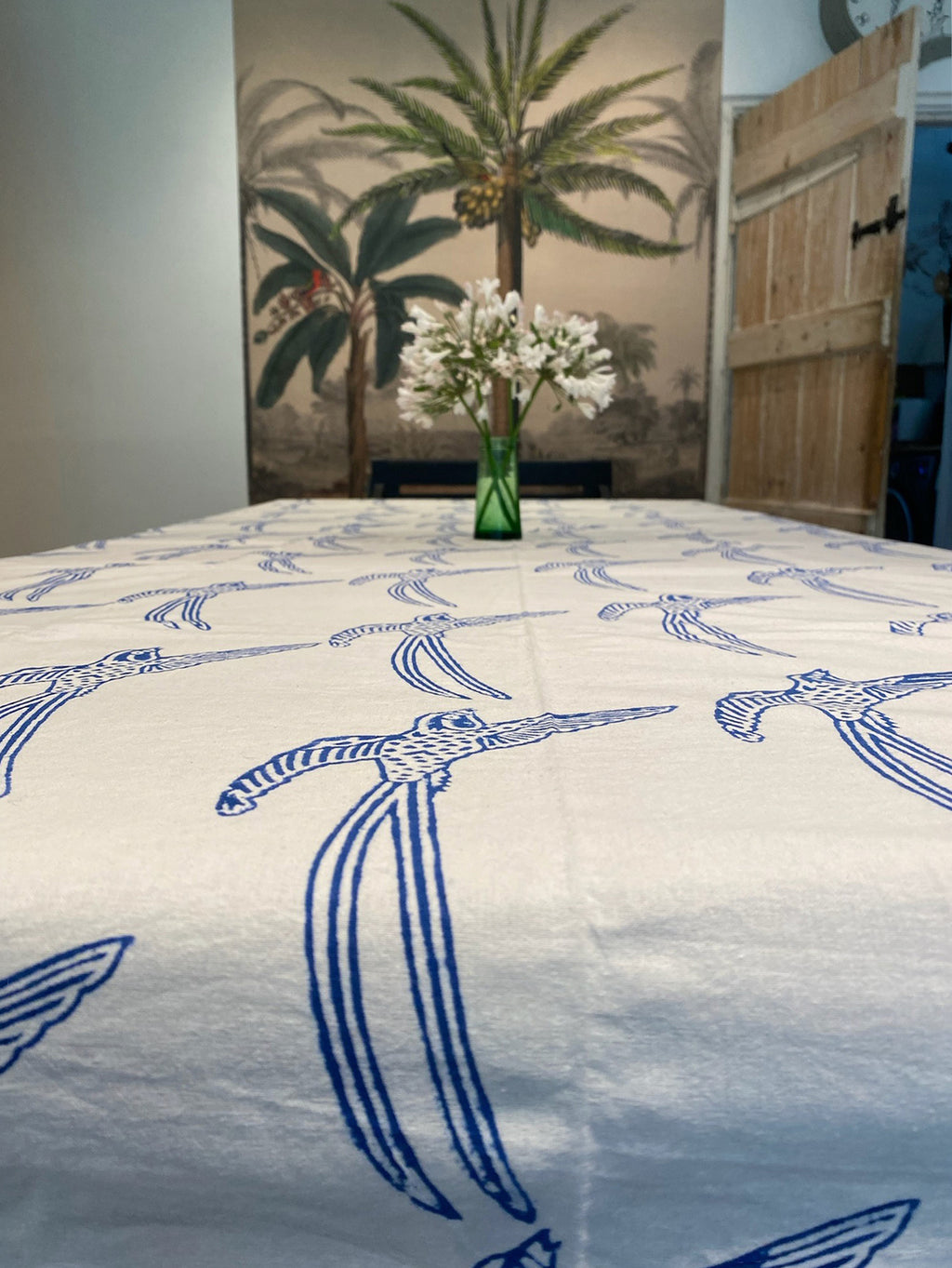 Cotton Throw - Long Tailed Bird Blue on White