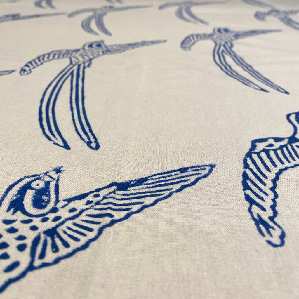 Cotton Throw - Long Tailed Bird Blue on White