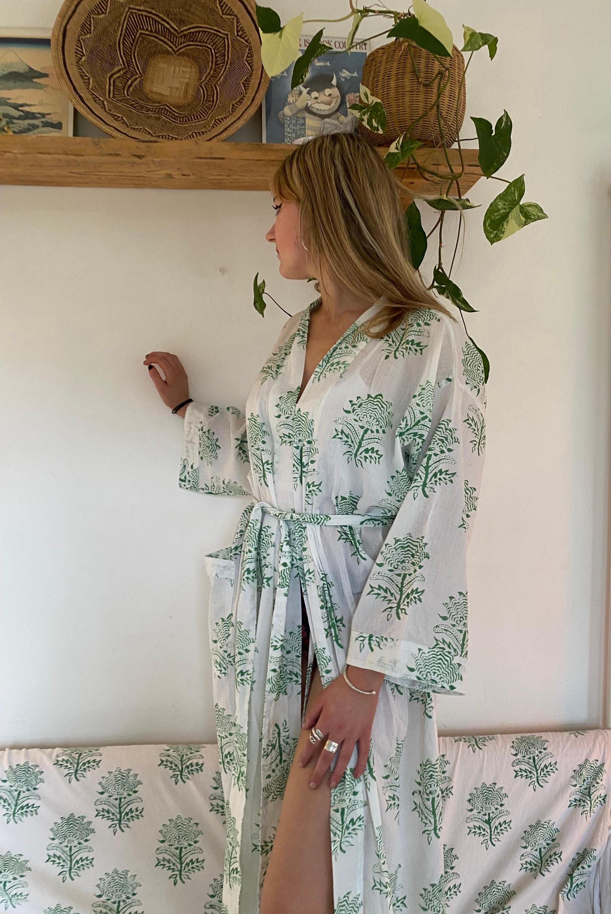 Women's Cotton Kimono Robe - Tiger Flower Green on White