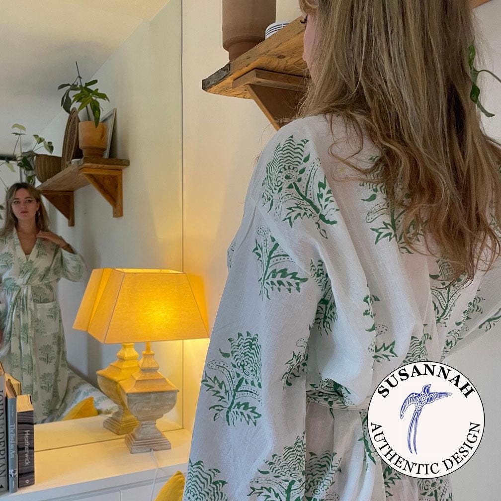 Women's Cotton Kimono Robe - Tiger Flower Green on White