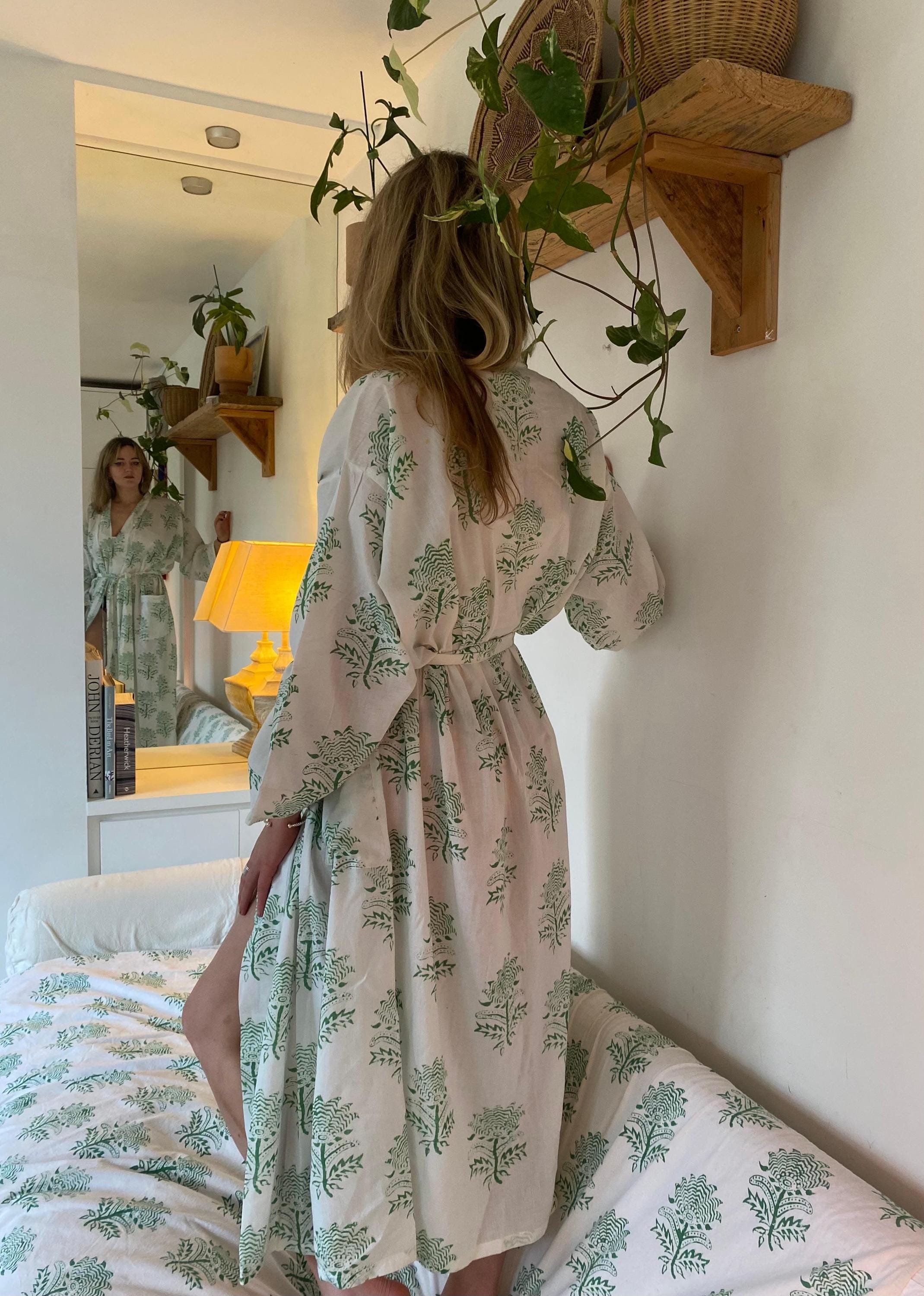 Women's Cotton Kimono Robe - Tiger Flower Green on White