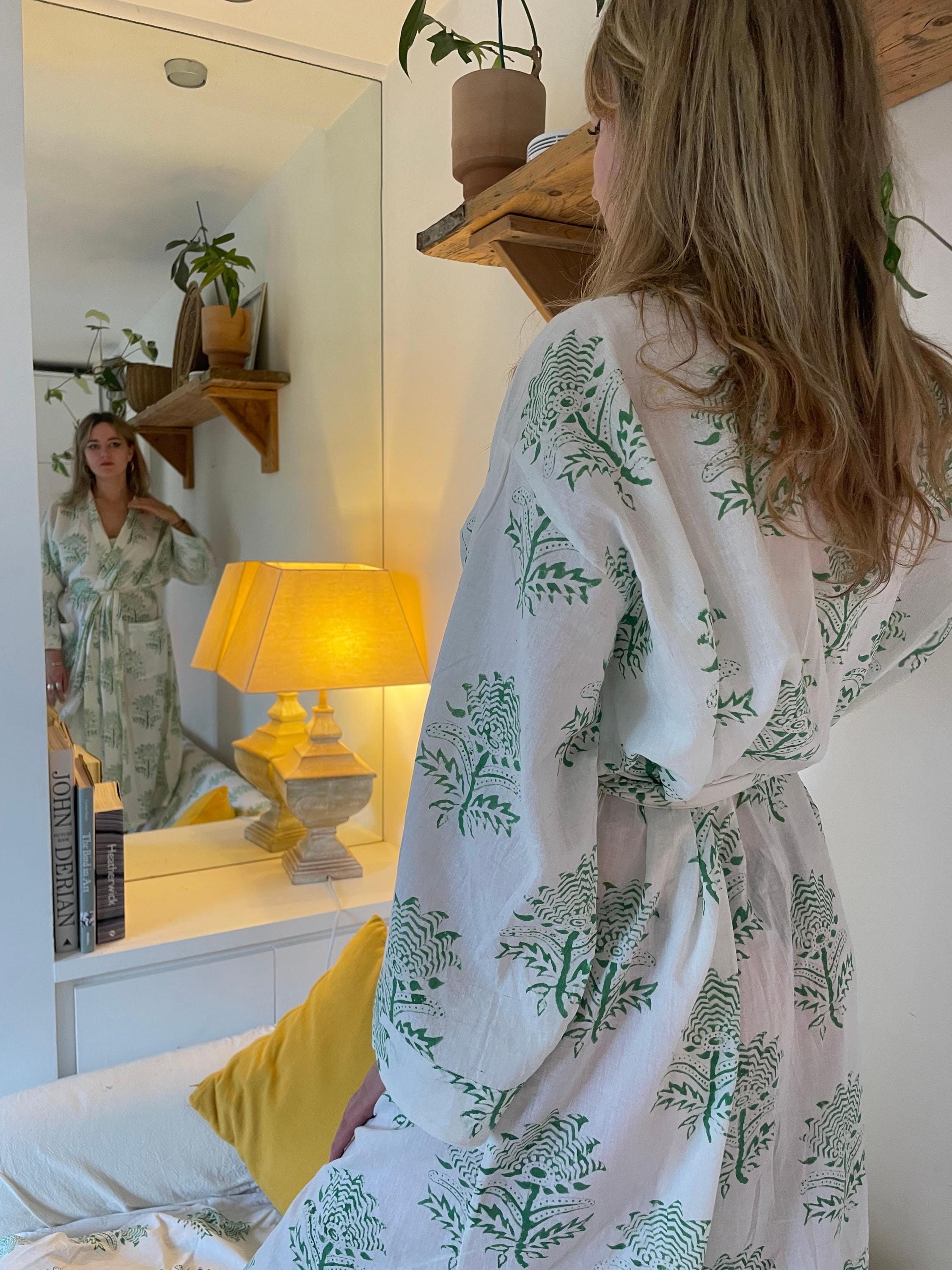 Women's Cotton Kimono Robe - Tiger Flower Green on White