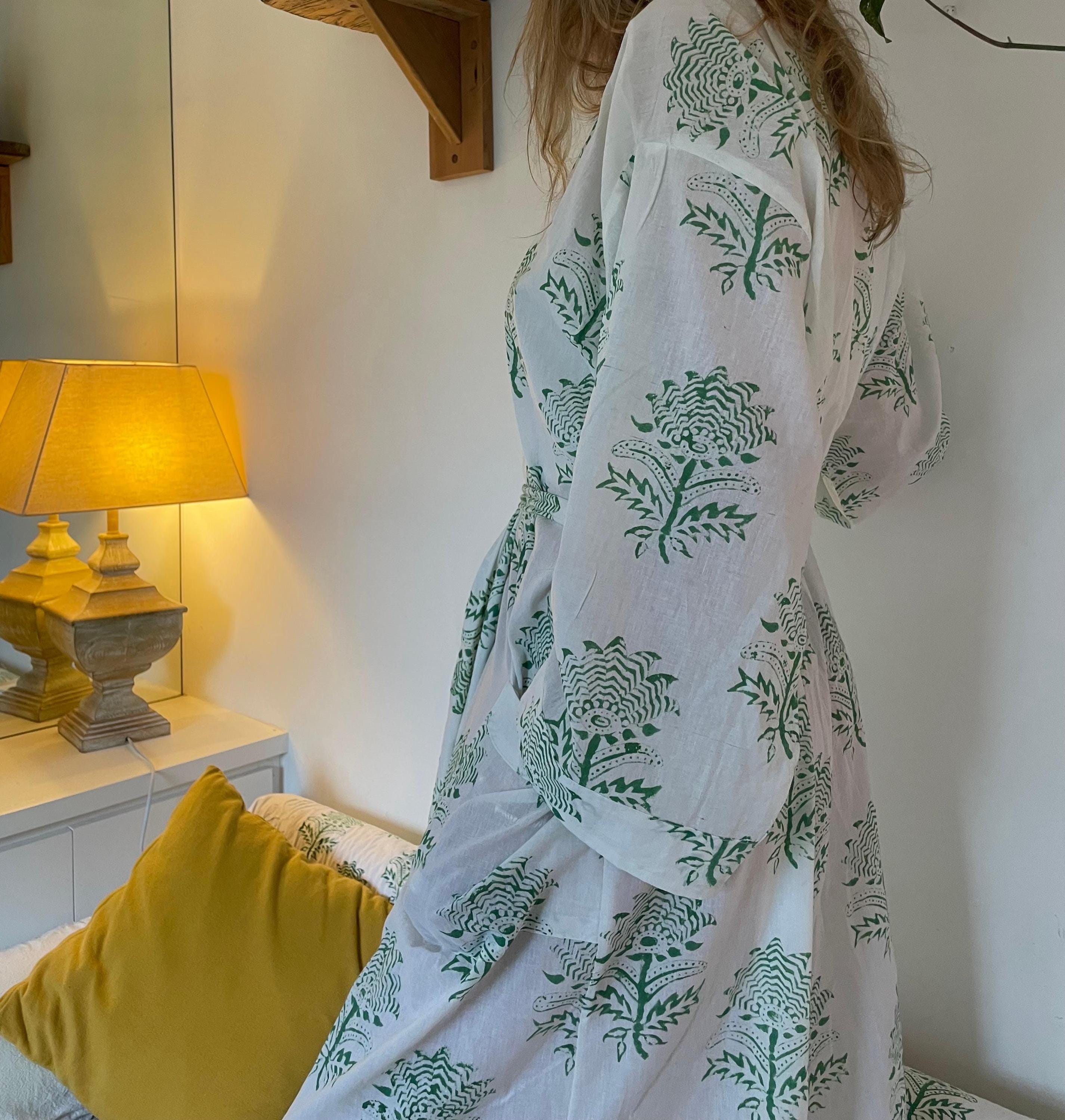 Women's Cotton Kimono Robe - Tiger Flower Green on White